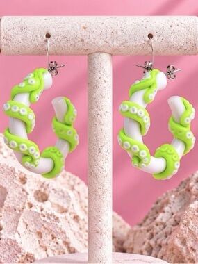 Tangled Tentacles — Handmade Hoop Earrings — White and Green